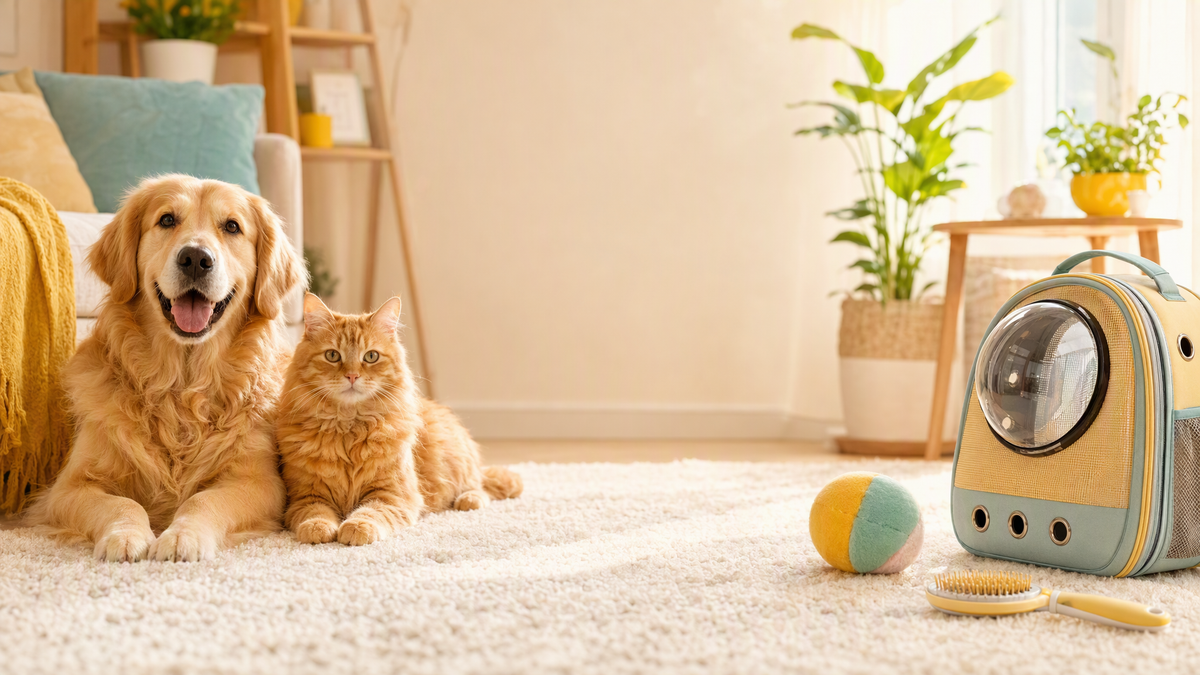 Happy dog and cat at home with pet gadgets